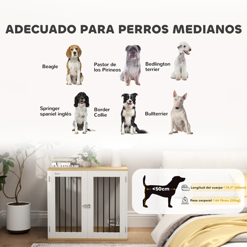 PawHut Jaula para Perros Medianos 2 en 1 con 2 Puertas con Puertas Comedero Giratorio de 360° y 2 Cuencos 80x55x71,5 cm Blanco