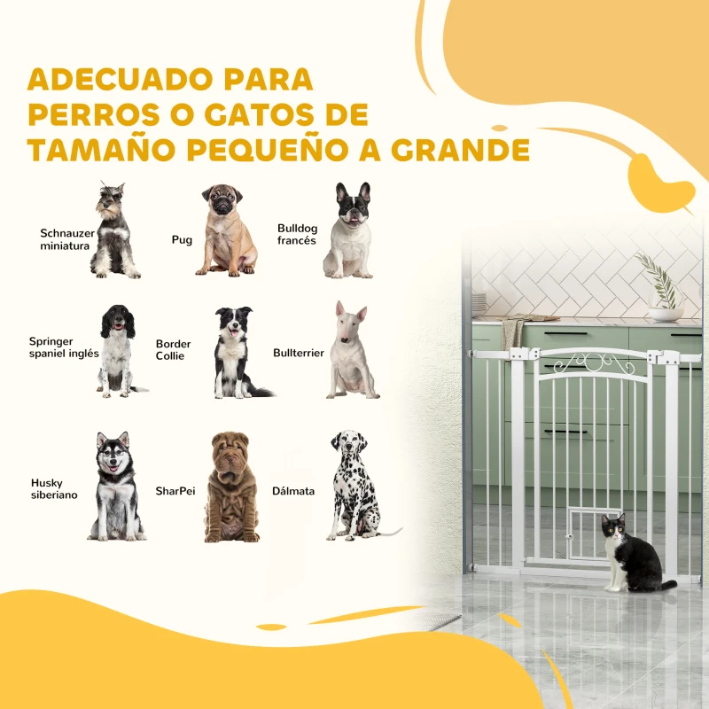 PawHut Puerta para Perros con Ancho Ajustable 76-104 cm 2 Extensiones Doble Bloqueo y Puerta Pequeña Blanco