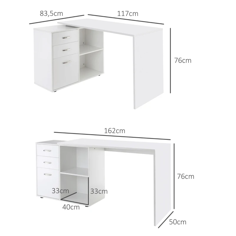 HOMCOM Bureau d'angle bureau droit modulable table de salle à manger 2 en 1 bureau informatique tiroirs x 3 + 2 niches MDF blanc