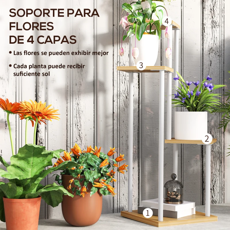 Outsunny Soporte para Plantas de Madera y Acero de 4 Niveles con 4 Estantes Cuadrados 53x42x85 cm Natural y Blanco