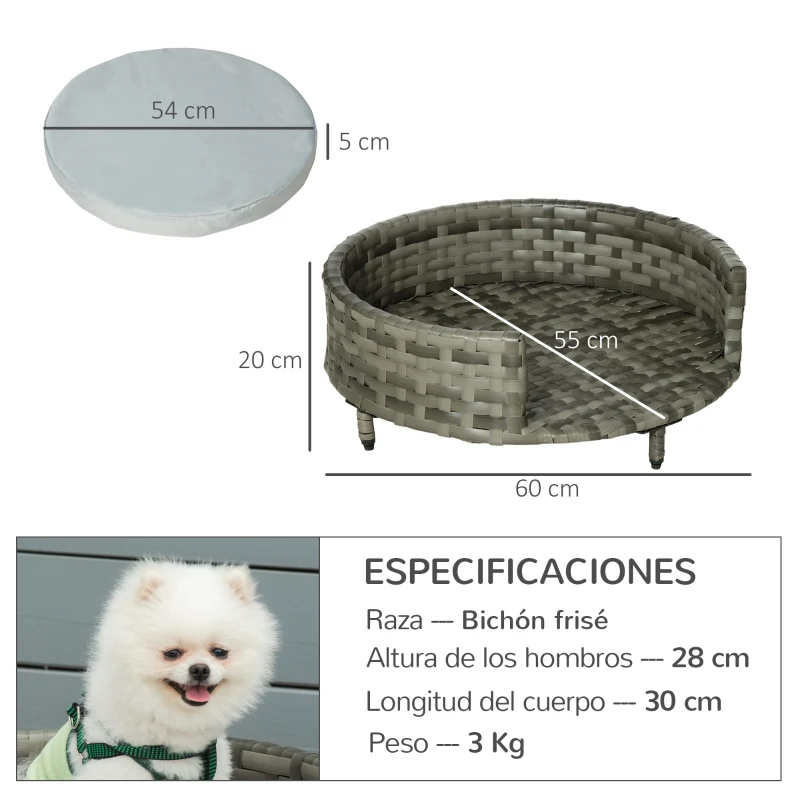 PawHut Sofá para Perros de Ratán Sintético Redonda con Cojín Impermeable y Lavable para Interior y Exterior Ø60x20 cm Gris