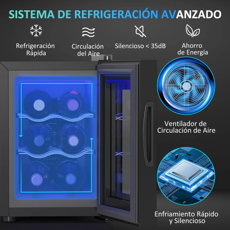 HOMCOM Nevera Vinos 6 Botellas 17L con Luz LED Interior Pantalla Táctil y Temperatura Regulable Negro
