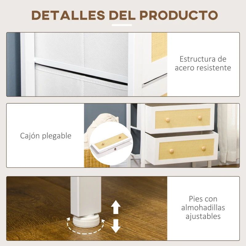 HOMCOM Cómoda de Dormitorio de Estilo Cannage Bohemio con 4 Cajones de Tela Plegables para Entrada Salón 62x30x105 cm Blanco