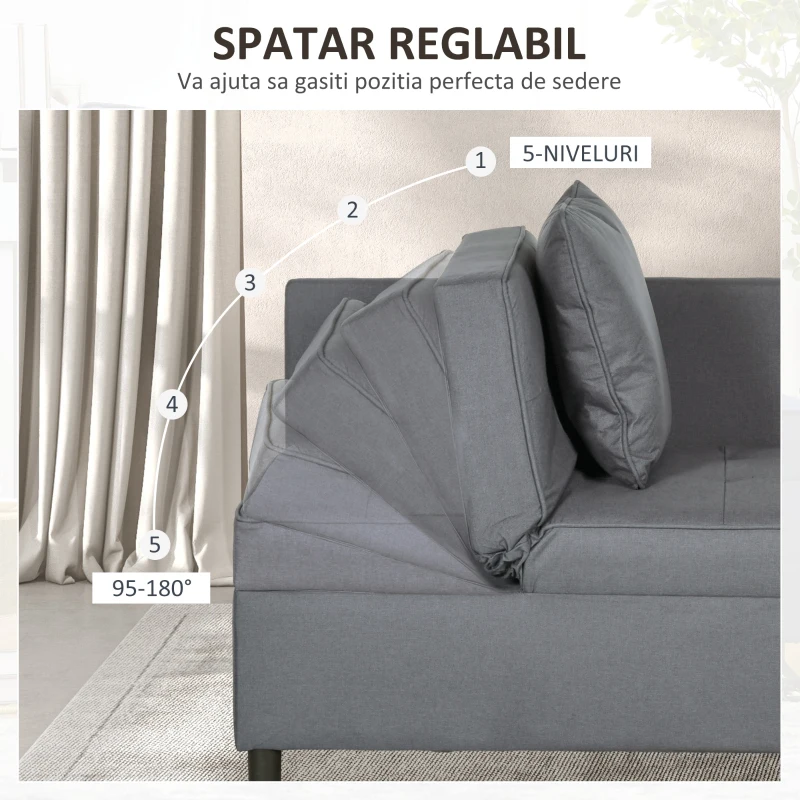 HOMCOM Fotoliu Pat 3 în 1 cu Spătar Reglabil în 5 Poziții și Perne, Canapea Pat, 98x69x65 cm, Gri Închis(m-5)