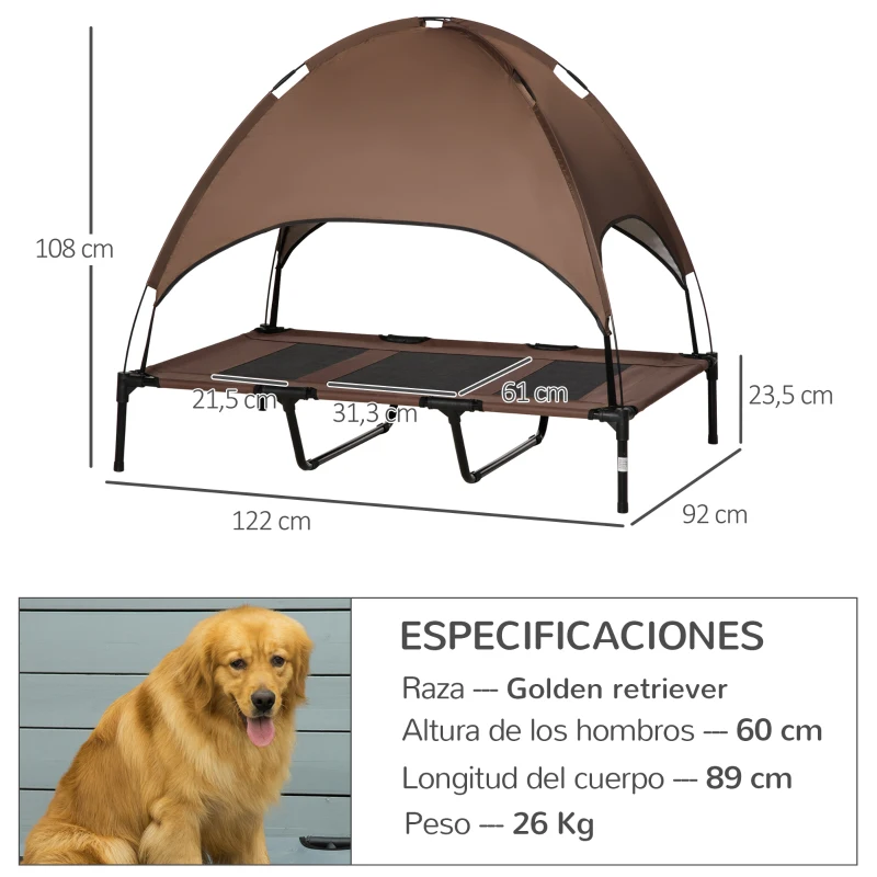 PawHut Cama Elevada para Mascotas con Toldo Extraíble Tela Transpirable para Interior y Exterior 122x92x108 cm Marrón
