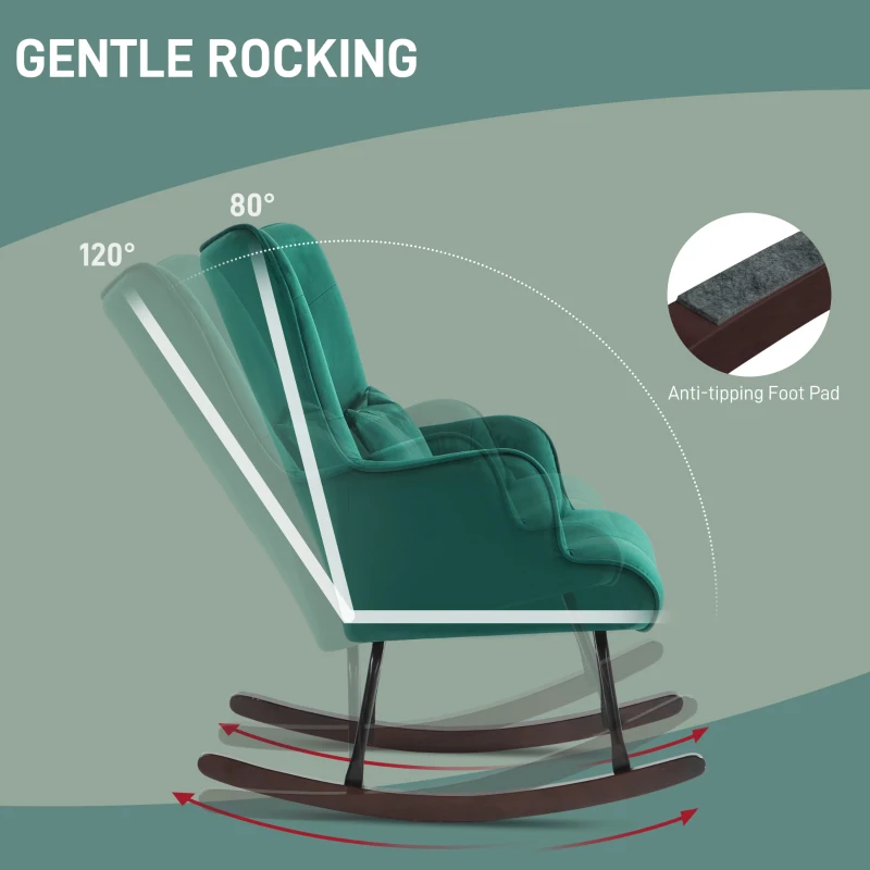 Homcom Fotoliu Balansoar Verde – Catifea cu Spatar inalt & Perna