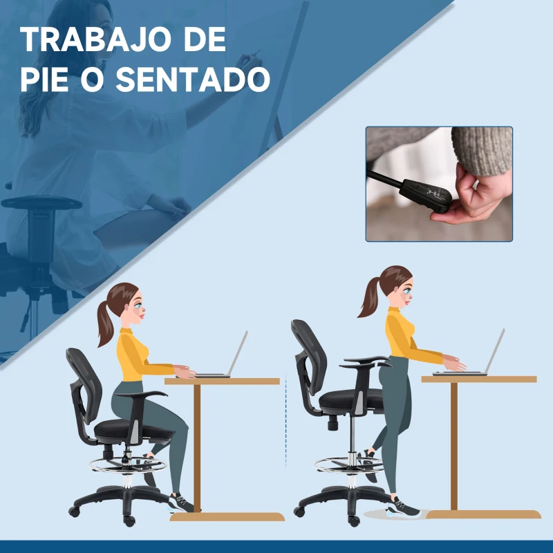 Vinsetto Silla de Dibujo Ergonómica de Malla Giratoria con Reposabrazos  y Reposapiés Ajustable 59x59x95-115 cm Negro