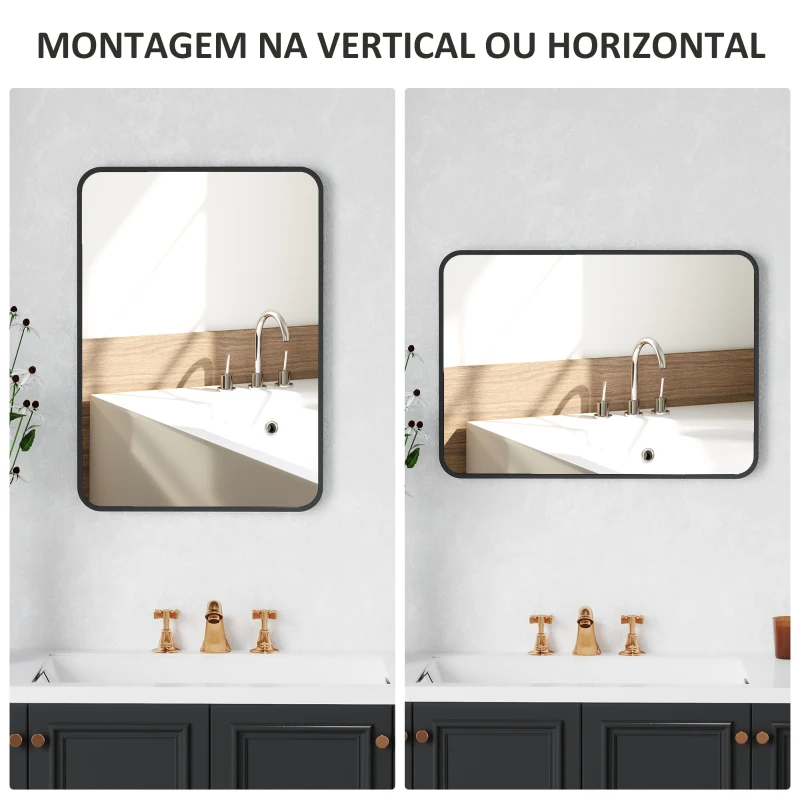HOMCOM Espelho Casa de Banho 50x70 cm Espelho de Parede com Estrutura de Metal Vertical e Horizontal para Entrada Preto