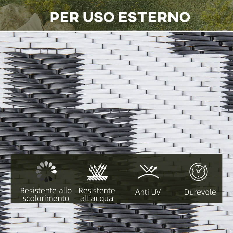 Outsunny Tappeto Esterno per Balcone e Terrazza Reversibile con Fantasia Geometrica, 2.74x1.82 m, Nero e Bianco