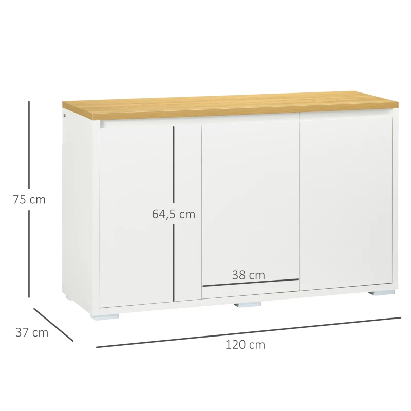 HOMCOM Aparador de Salón Mueble Auxiliar de Cocina con 3 Puertas y Estantes Ajustables para Comedor Entrada 120x37x75 cm Blanco(m-3)