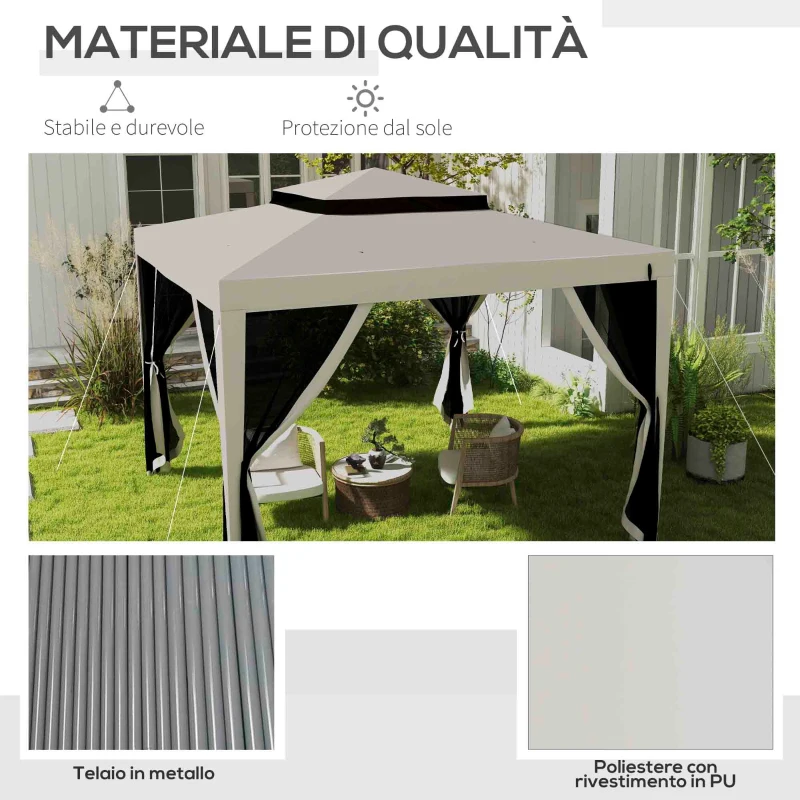 Outsunny Gazebo da Giardino 3x3 m con Zanzariera, Doppio Tetto e 8 Fori, in Acciaio e Poliestere Bianco Crema