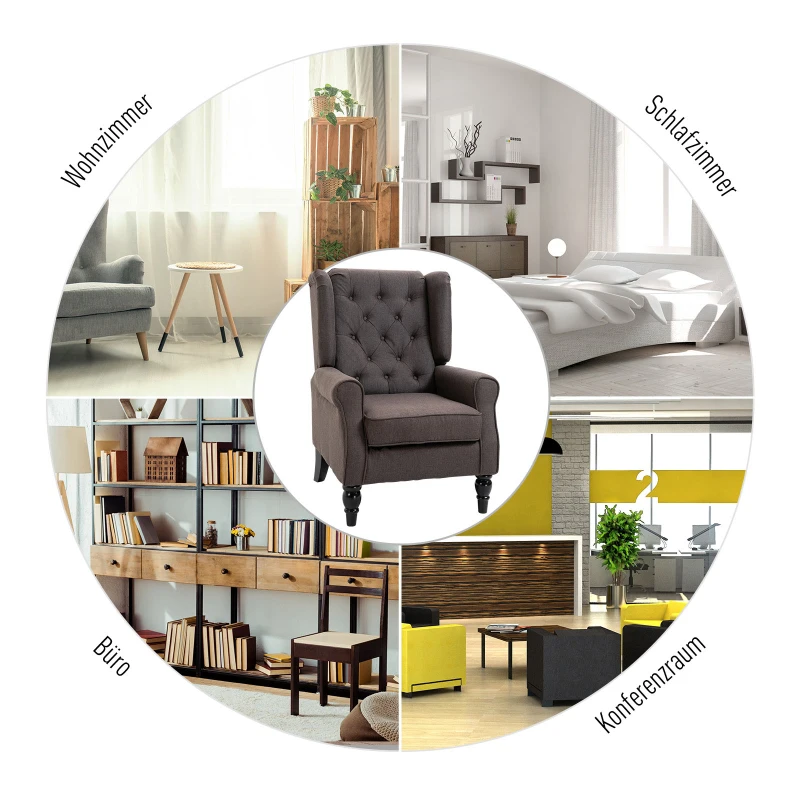 HOMCOM Ohrensessel Sessel mit Tufting, hoher Rückenlehne, Gepolstert Loungesessel mit abgerundeten Armlehnen, Holzbeine, für Schlafzimmer, Wohnzimmer, bis 160 kg, Braun