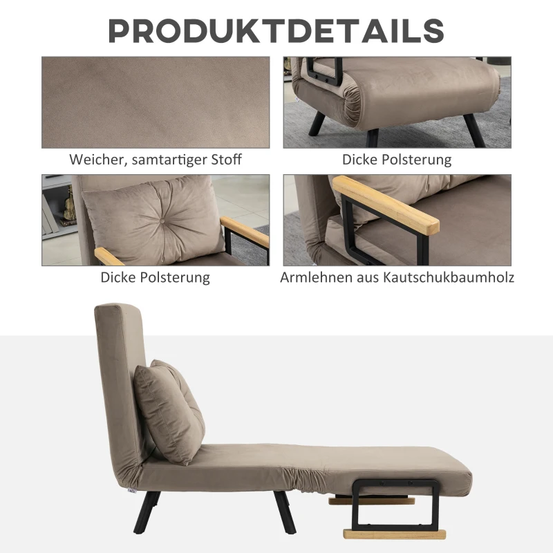 HOMCOM Schlafsessel, Gästebett, verstellbare Rückenlehne, bis 120 kg, Stahllrahmen, 63x73x81cm, Hellbraun(m-6)