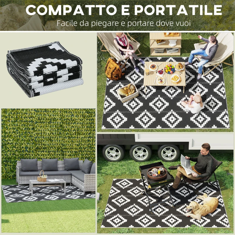 Outsunny Tappeto Esterno per Balcone e Terrazza Reversibile con Fantasia Geometrica, 2.74x1.82 m, Nero e Bianco
