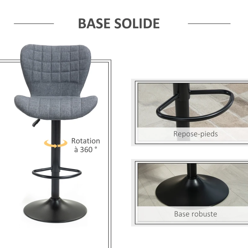 HOMCOM Lot de 2 Tabouret de Bar Design Dossier incurvé capitonné Hauteur d'assise réglable 61-81 cm pivotant 360° Repose-Pied Velours Gris