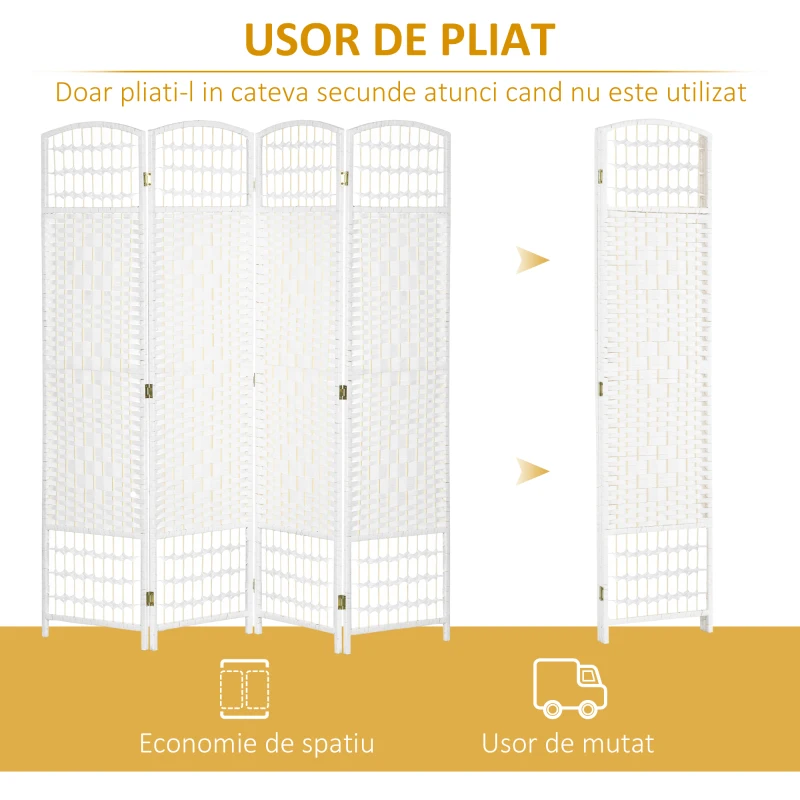 HOMCOM Paravan de Interior cu 4 Panouri Pliabile, Împletit din Sfoară de Hârtie și Lemn, 160x1,5x170 cm, Alb