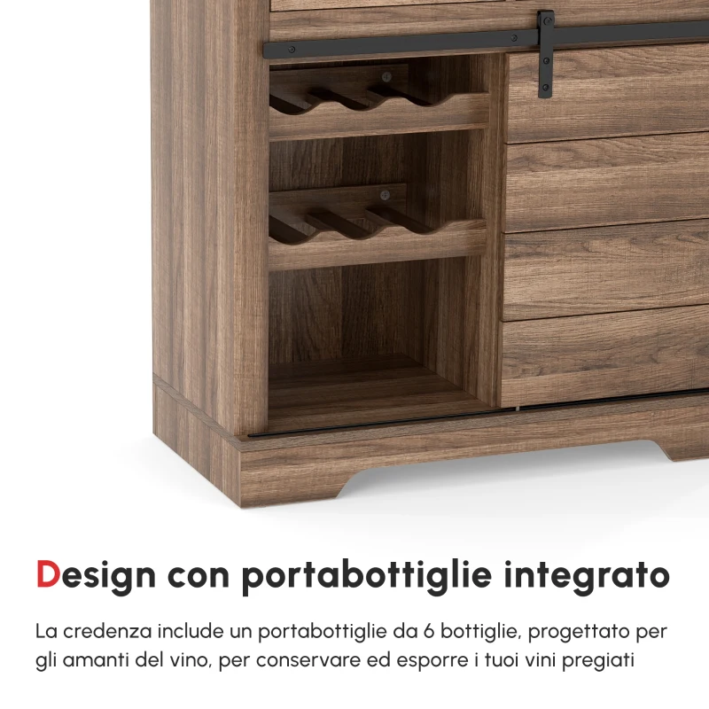 HOMCOM Mobile da Cucina Rustico con 2 Cassetti, Ripiani Aperti e Portabottiglie, Credenza Buffet in Legno e Metallo, 80x39x86 cm, Color legno