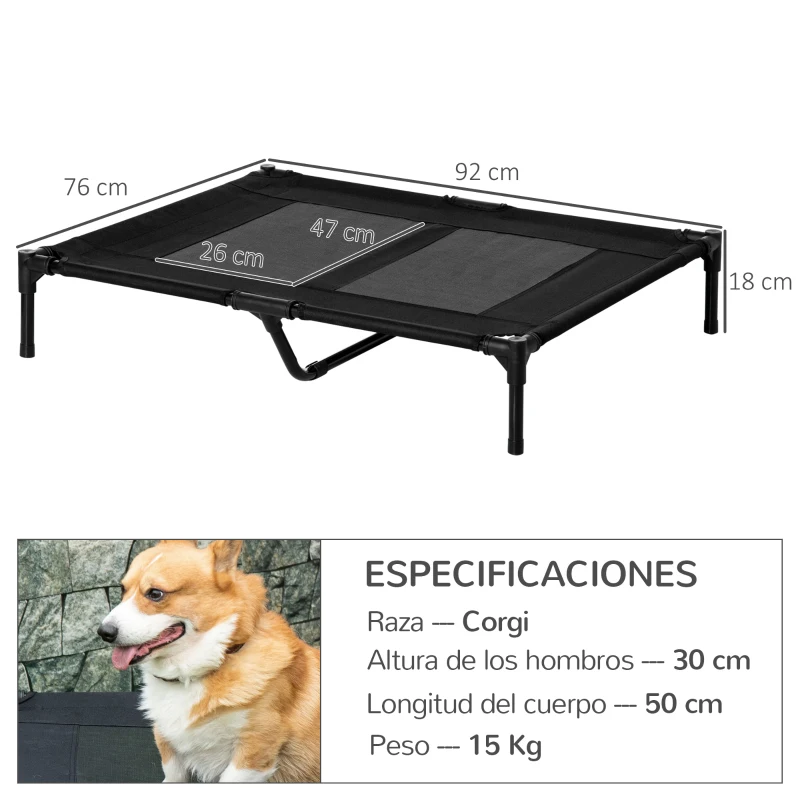 PawHut Cama para Mascotas Portátil con Zona de Malla Transpirable y Tela Oxford para Interior Exterior 92x76x18 cm Negro