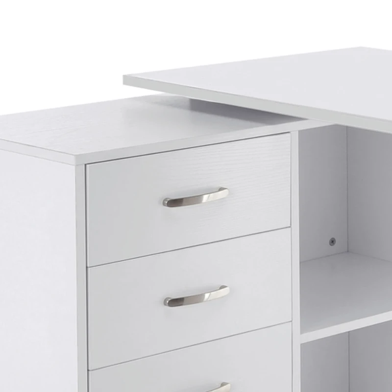 HOMCOM Bureau d'angle bureau droit modulable table de salle à manger 2 en 1 bureau informatique tiroirs x 3 + 2 niches MDF blanc