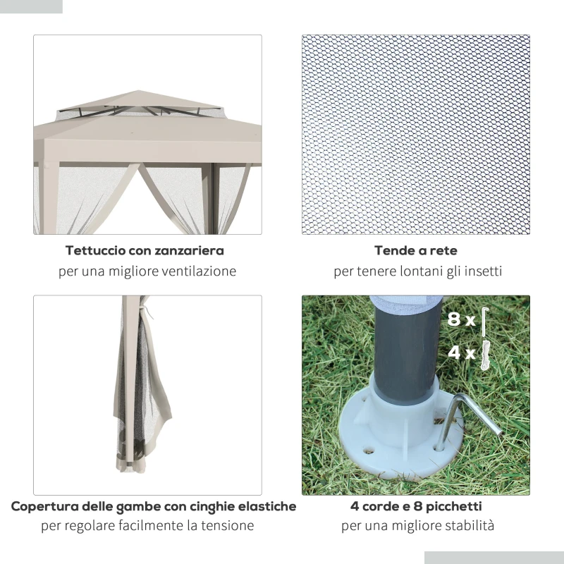 Outsunny Gazebo da Giardino 3x3m con Zanzariera, Doppio Tetto e Telaio in Metallo, Beige