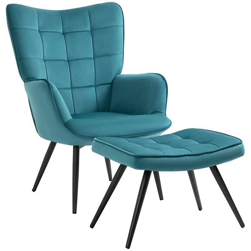 HOMCOM Fauteuil relax avec repose-pieds assorti style scandinave piètement métal noir revêtement aspect velours - Bleu