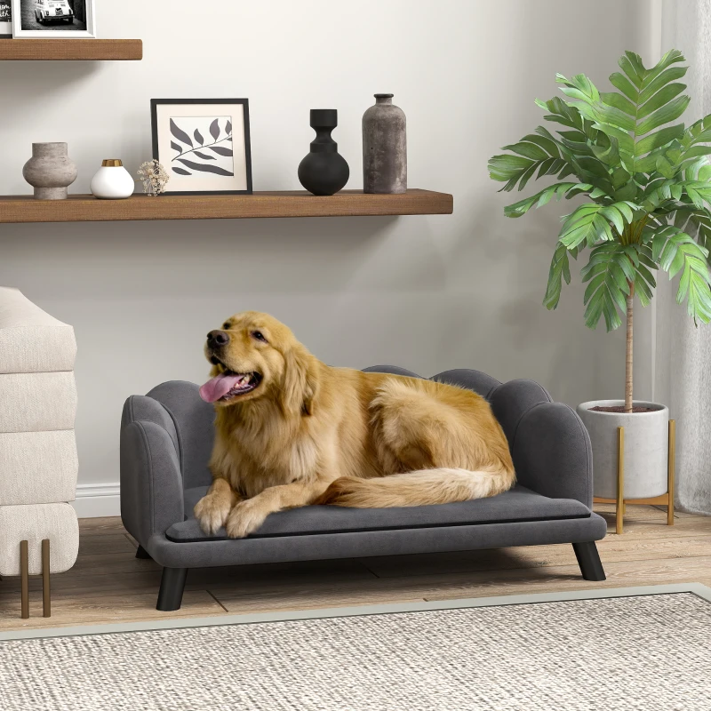 PawHut Sofá para Perros Medianos Sofá Cama para Mascotas Tapizado en Terciopelo con Patas de Madera 98,5x60,5x35,5 cm Gris