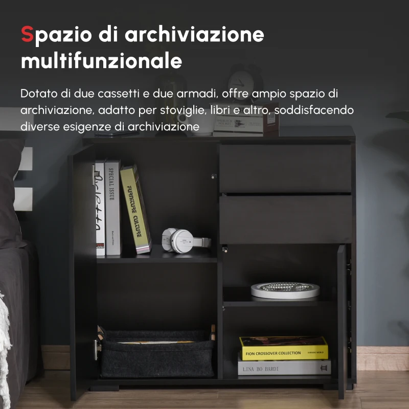 HOMCOM Mobiletto Multiuso per Casa e Ufficio con 2 Cassetti e 2 Armadietti, Apertura a Pressione, 79x36x74cm
