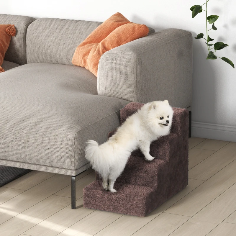 PawHut Escalera para Mascotas de 4 Peldaños con Funda Extraíble y Lavable para Cama Sofá 60x35x44 cm Marrón