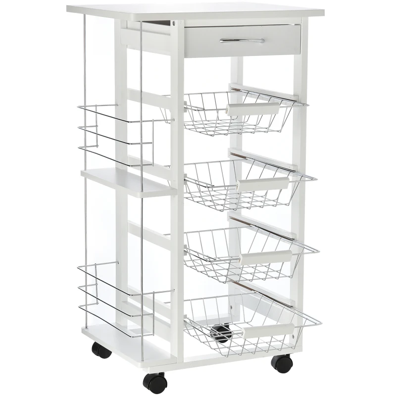 HOMCOM Carrito de Cocina con Ruedas Carro Multiusos con Cajón 4 Cestas Extraíbles de Metal y Bastidores 47x37x83 cm Blanco