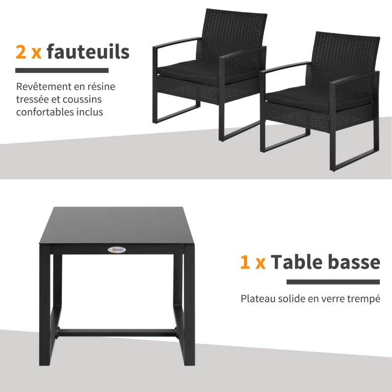Outsunny Salon de jardin 2 places 3 pièces 2 chaises avec coussins + table basse plateau verre trempé résine tressée 4 fils imitation rotin noir