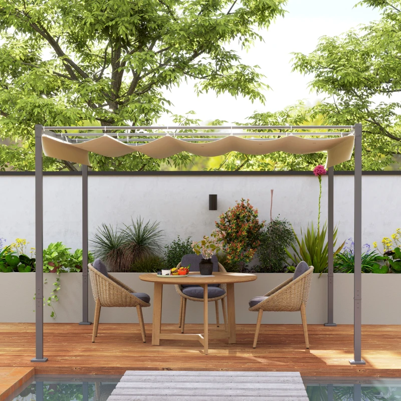 Outsunny 3 x 3 m Garten-Pergola mit einziehbarem Dach, Pavillon, Baldachin für Schatten, UPF30+, Beige(m-9)