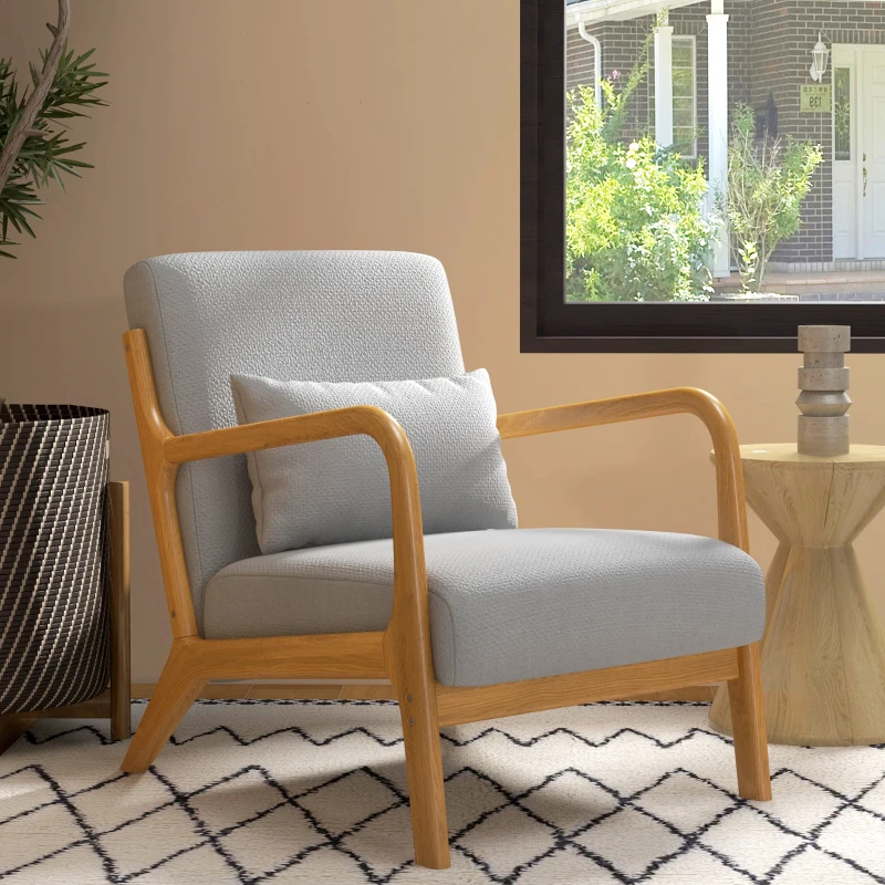 HOMCOM Lounge Armchair with Solid Wood Frame Lounge Chair - Deep Seat - Armrests - Light Gray Velvet Look