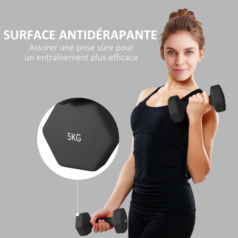 SPORTNOW Lot de 2 haltères hexagonales avec poignée antidérapante pour l'entraînement à la maison, 2 x 5kg, noir