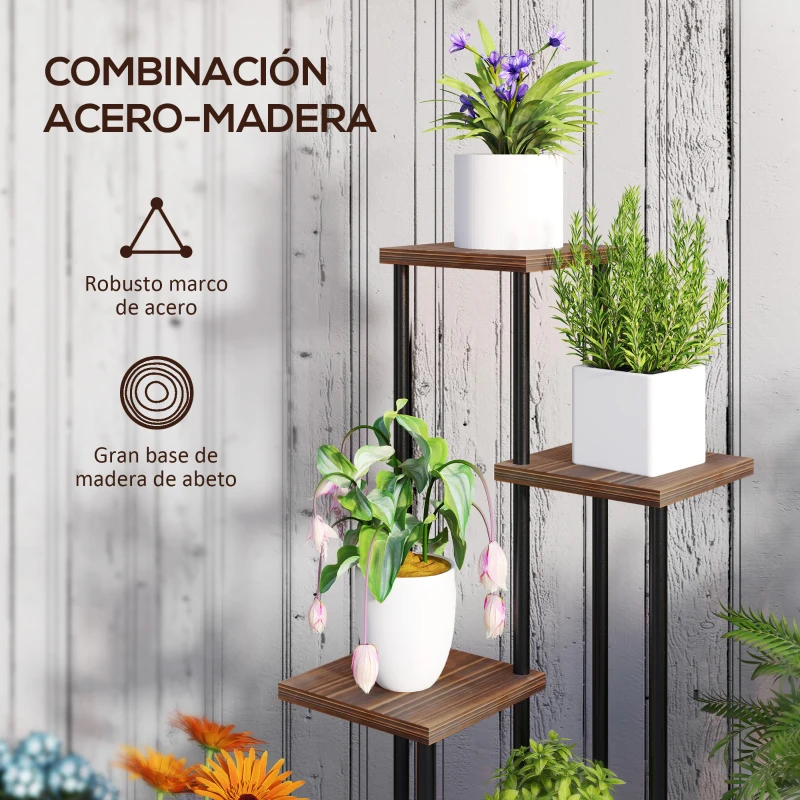 Outsunny Soporte para Plantas de Madera y Acero de 3 Niveles con 5 Estantes Cuadradas y 4 Ruedas 59x59x110 cm Carbonizado
