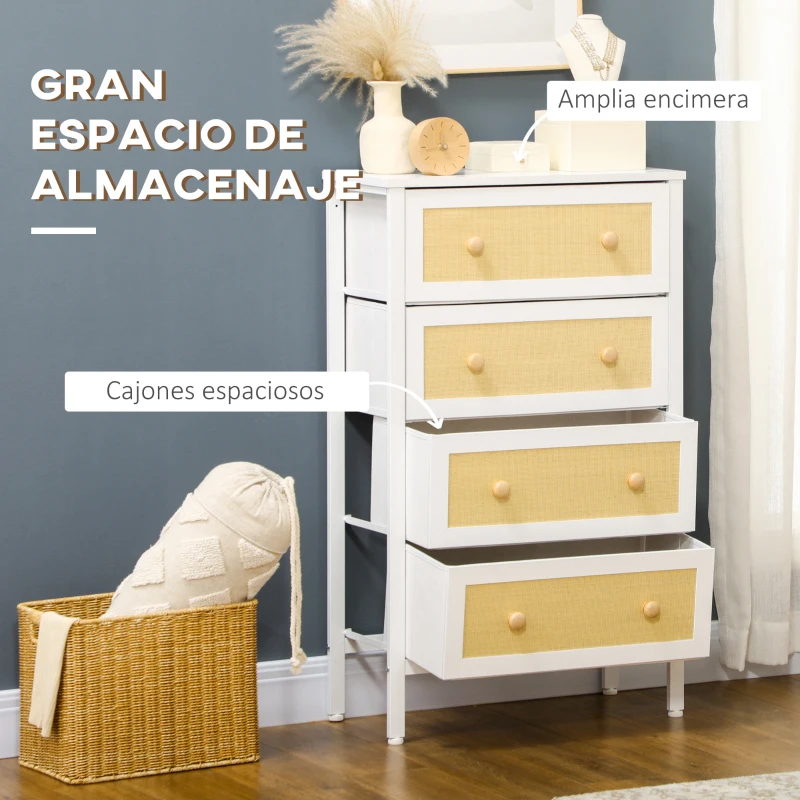 HOMCOM Cómoda de Dormitorio de Estilo Cannage Bohemio con 4 Cajones de Tela Plegables para Entrada Salón 62x30x105 cm Blanco