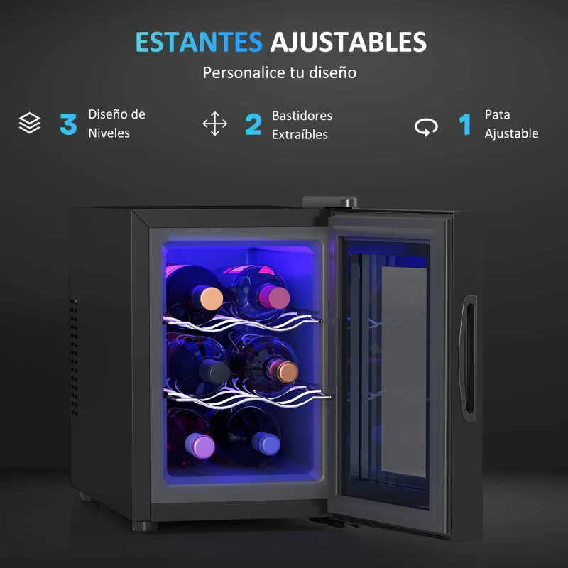 HOMCOM Nevera Vinos 6 Botellas 17L con Luz LED Interior Pantalla Táctil y Temperatura Regulable Negro