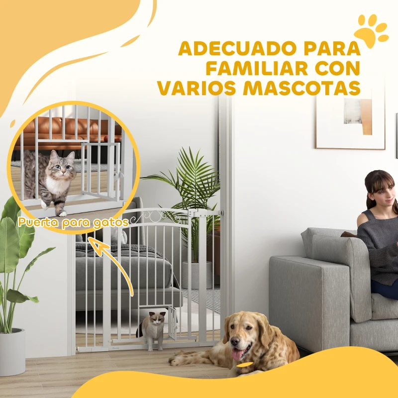 PawHut Puerta para Perros con Ancho Ajustable 76-104 cm 2 Extensiones Doble Bloqueo y Puerta Pequeña Blanco