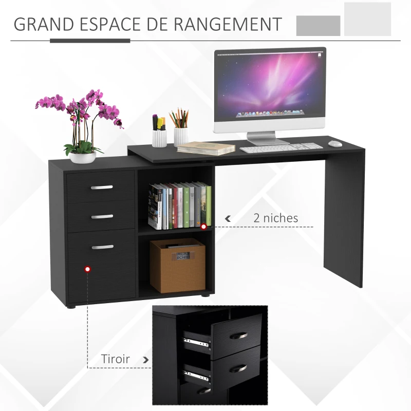 HOMCOM Bureau d'angle bureau droit modulable table de salle à manger 2 en 1 bureau informatique tiroirs x 3 + 2 niches MDF noir