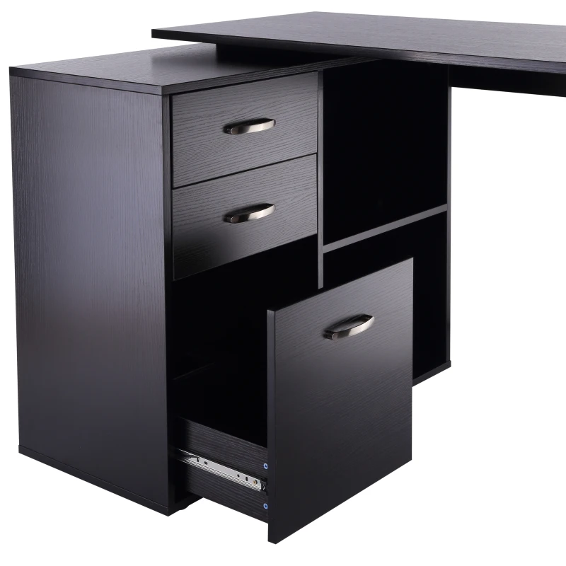 HOMCOM Bureau d'angle bureau droit modulable table de salle à manger 2 en 1 bureau informatique tiroirs x 3 + 2 niches MDF noir