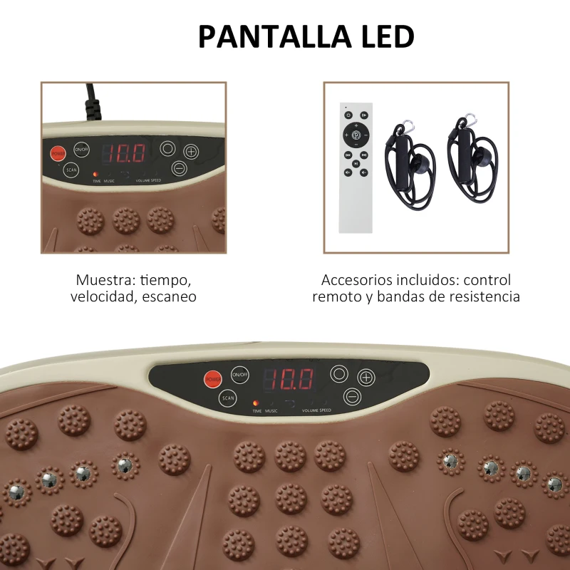 HOMCOM Plataforma Vibratoria con 2 Bandas Elásticas 200W Control Remoto 99 Velocidades USB Pantalla LED 54x33x14cm Café y Negro