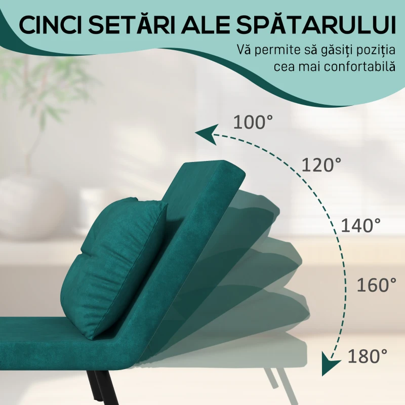 HOMCOM Canapea Extensibilă cu Spătar Reglabil pe 5 Nivele, Canapea Pat Individuală Pliabilă cu Perne, 63x73x81 cm, Verde(m-5)