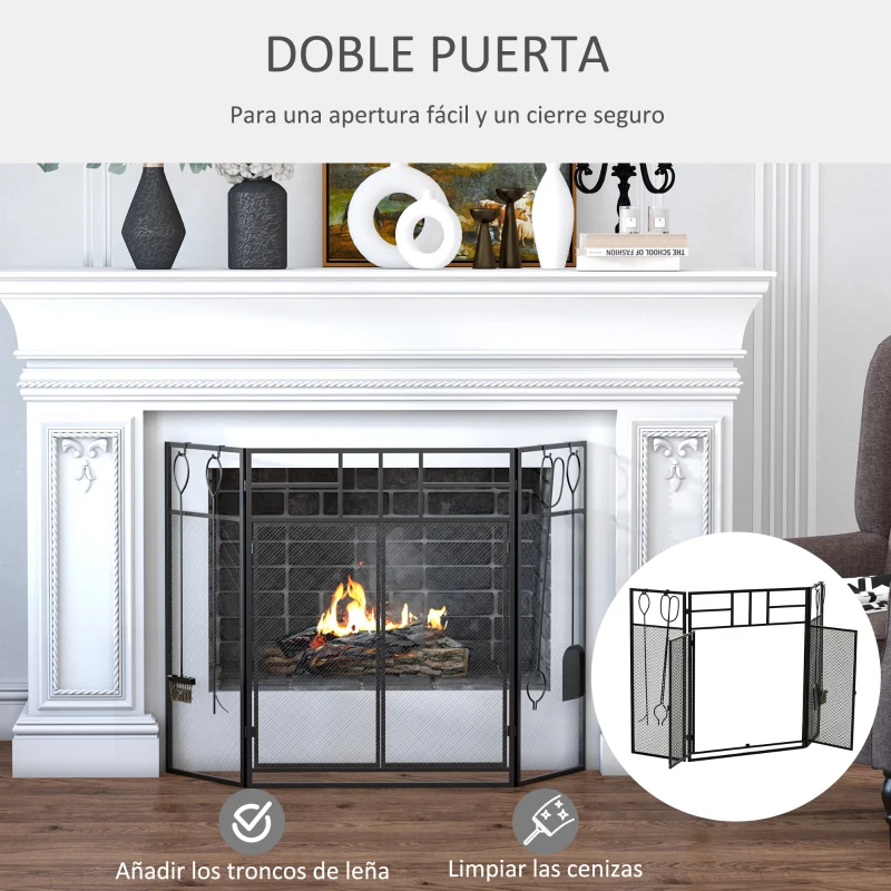 HOMCOM Salvachispas para Chimenea Protector de Chimenea Plegable con Paneles con Doble Puerta 4 Herramientas Estructura de Metal y Ganchos 106x79 cm Negro