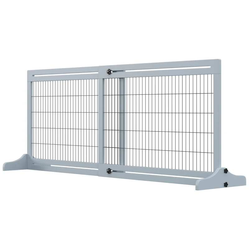 PawHut Barrera de Seguridad para Perros Extensible Barrera para Perros en Casa de Madera 104-183x36x69 cm Azul Grisáceo