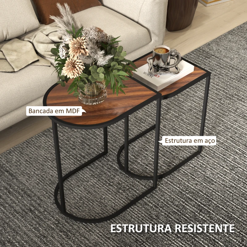 HOMCOM Mesas Auxiliares para Sala de Estar Conjunto de 2 Mesas com Estrutura de Aço Mesas de Centro Pequenas Marrom Rústico