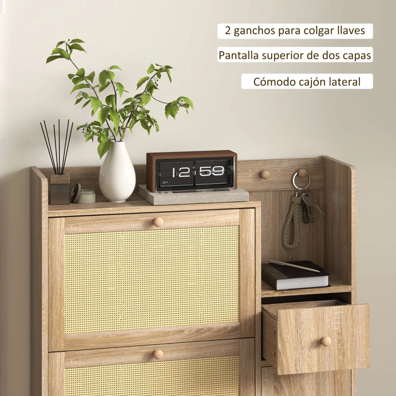 HOMCOM Zapatero con 3 Cajones Abatibles con Frentes de Ratán Cajón y Armario para Decoraciones y Llaves 80x23x120 cm Roble
