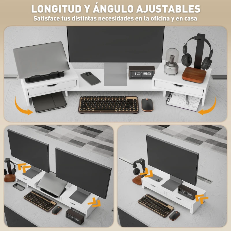 HOMCOM Elevador Monitor Ángulo y Longitud Ajustable con 2 Cajones para Portátil Computadora PC 60-116x22x12 cm Blanco