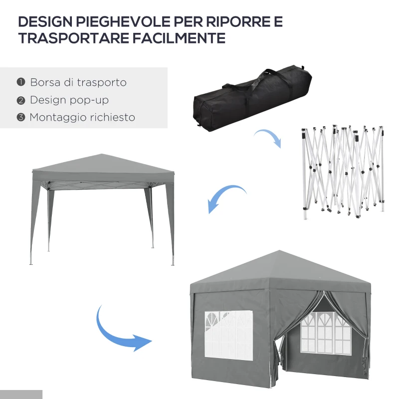 Outsunny Gazebo da Esterno 3x3 m Pieghevole con 4 Pannelli Laterali, in Acciaio e Tessuto Oxford Grigio Chiaro