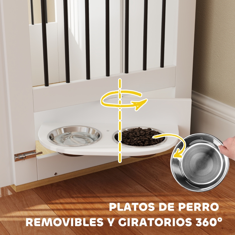 PawHut Jaula para Perros Medianos 2 en 1 con 2 Puertas con Puertas Comedero Giratorio de 360° y 2 Cuencos 80x55x71,5 cm Blanco
