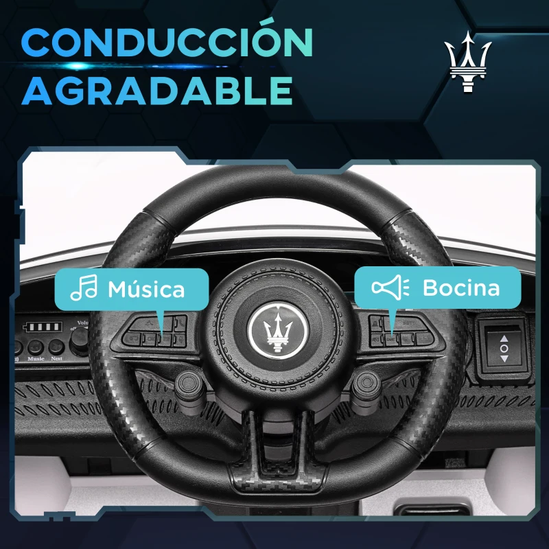 AIYAPLAY Coche Eléctrico Infantil Maserati Gran Turismo Folgore con Batería 12V Mando a Distancia Faros Bocina Música MP3 Blanco