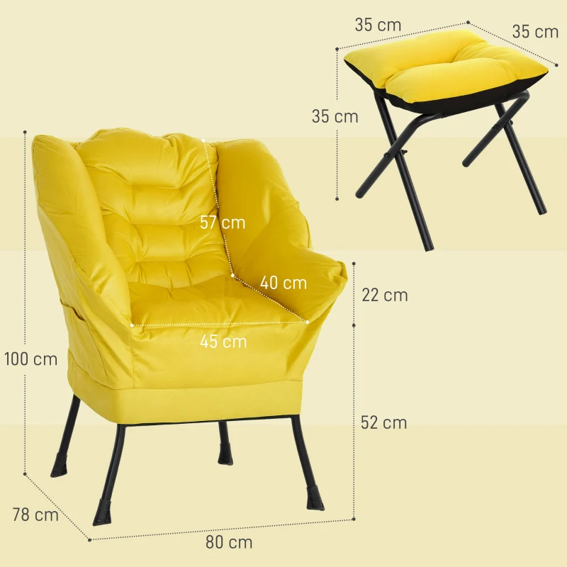 HOMCOM Sillón de Salón con Otomana Sillón de Relax con Bolsillos Laterales y Patas de Acero para Sala de Estar Dormitorio Amarillo